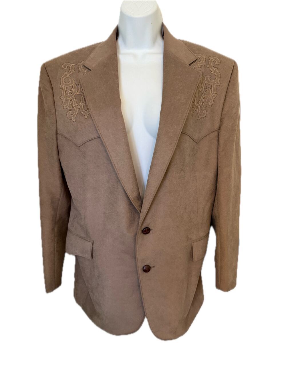 Vintage Pagano Western Blazer Faux Suede Tan Embroidered USA 42R